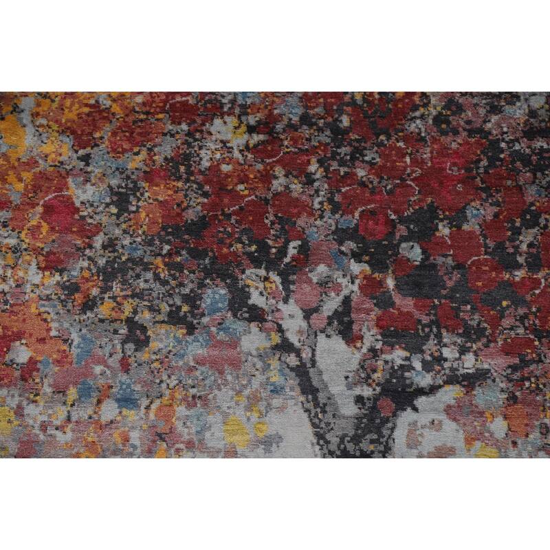 Hand Knotted Oriental 100% Silk Carpet Modern Floral Greys & Charcoal Abstract Area Rug - 10' 3'' X 8' 0''