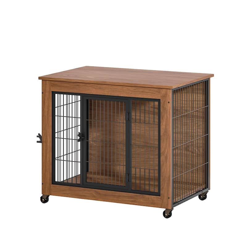 32.5" Dog Crate Furniture with Wheels for Small Dogs, Heavy Duty Dog Kennel Indoor with 2 Doors, Dog Cage for Anxiety Dog