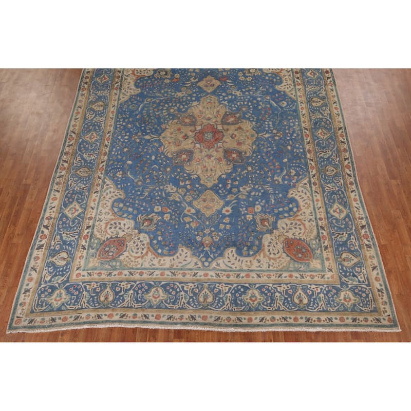 Tabriz Vintage Persian Area Rug Hand-Knotted Blue Wool Carpet - 9'10" x 13'5"