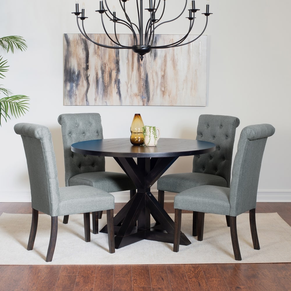 Modern 5-Piece Dining Set with Round Cross Base Table & 4 Tufted Chairs