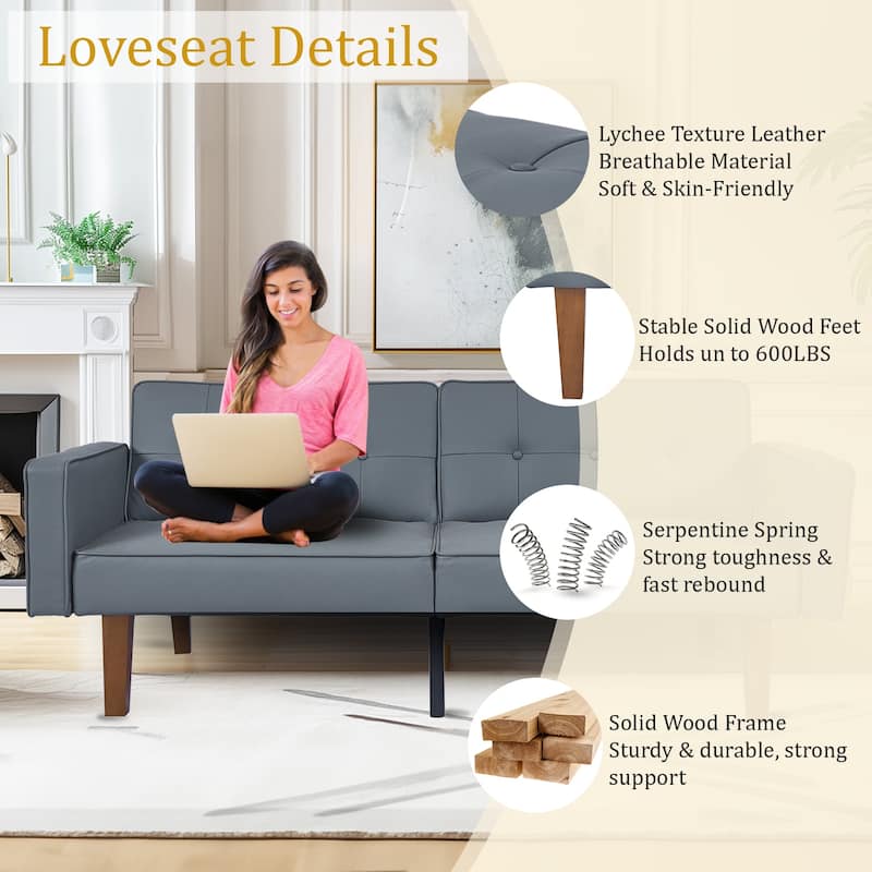 68 in. Twin Size Convertible Sofa Bed Couch w/ Tufted Adjustable Backrest, 5 Colors Optional - 22.44"D x 68.11"W x 28.74"H