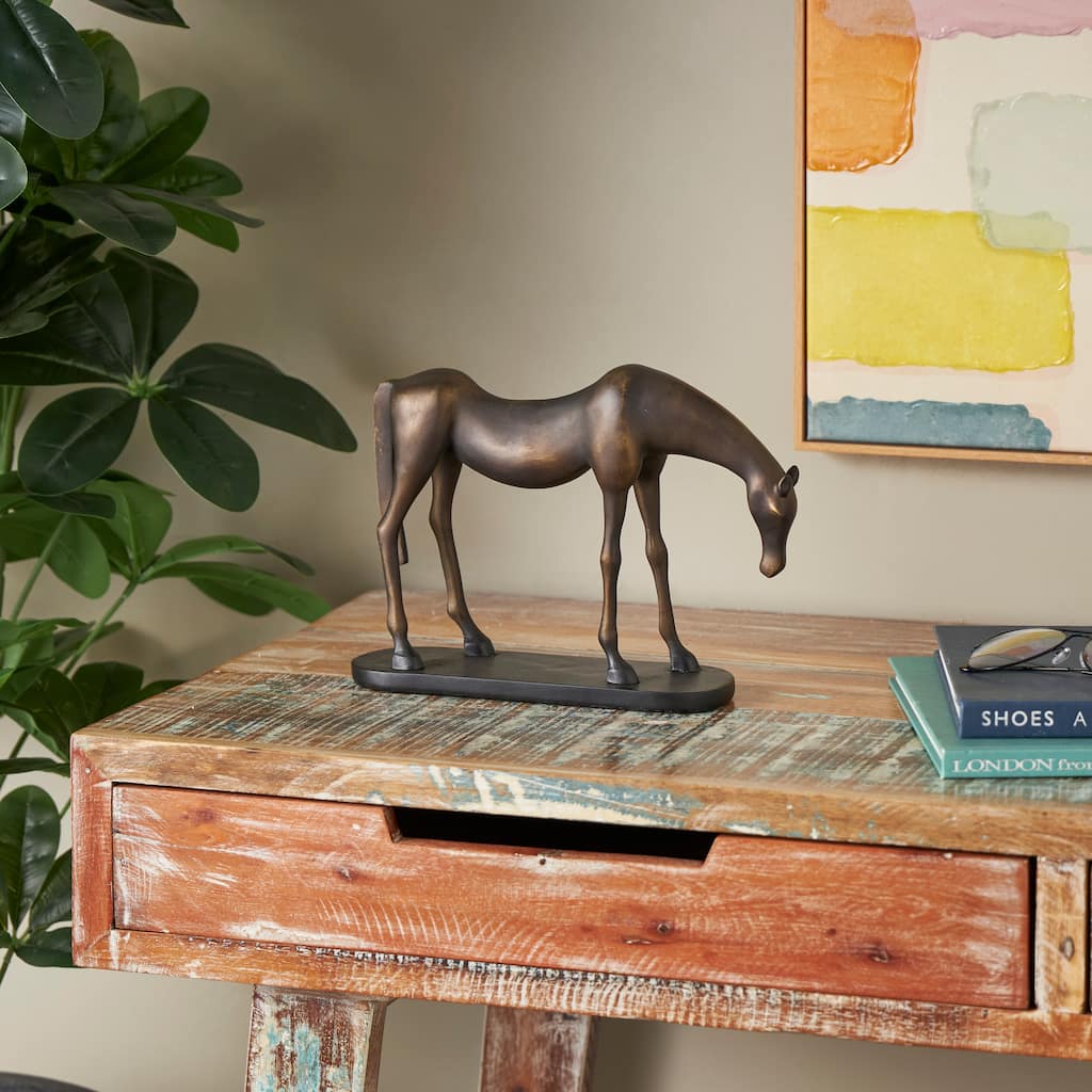 Bronze Polystone Horse Decorative Sculpture with Brushed Gold Accents and Black Oval Base