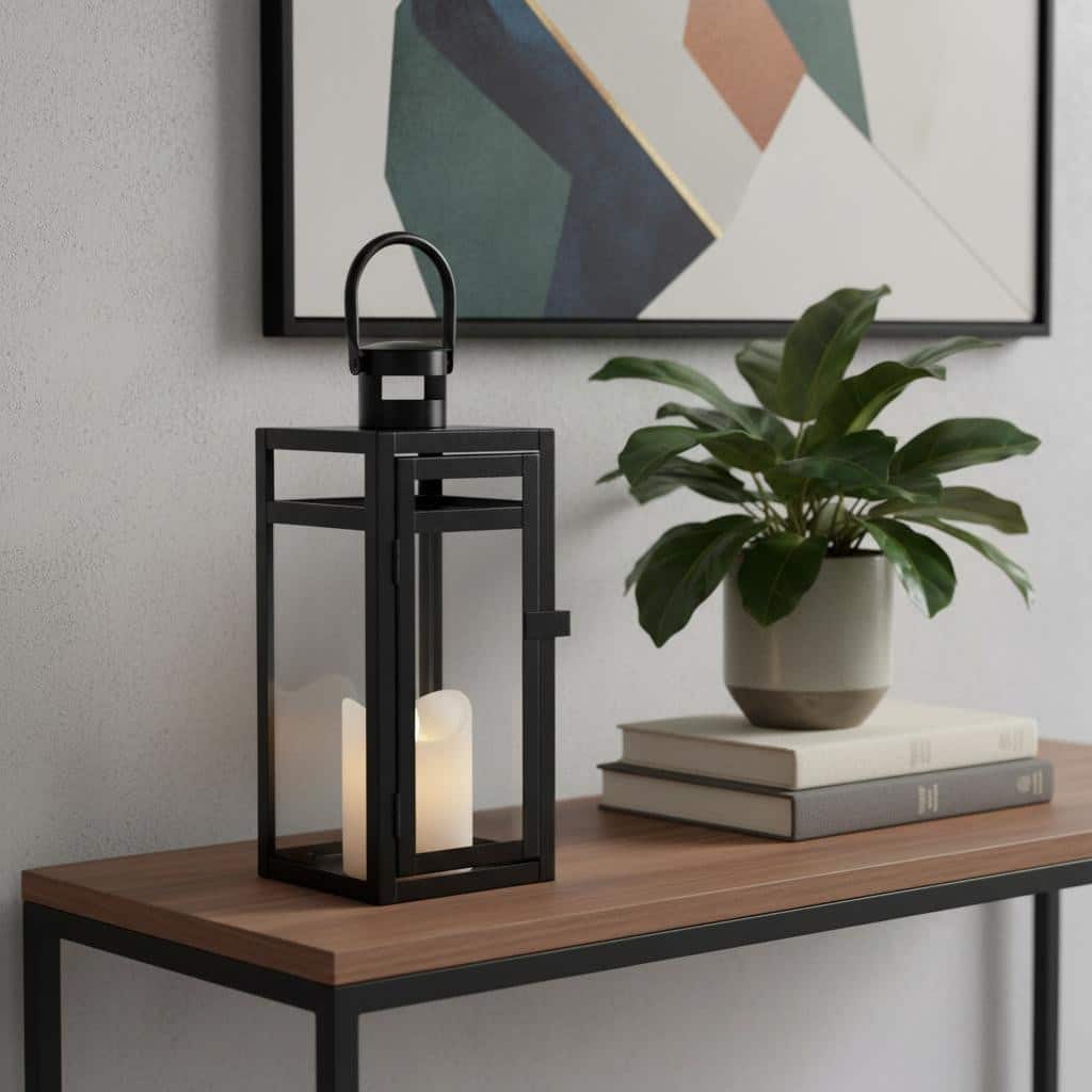 12" Clear And Black Glass And Metal Tabletop Lantern Candle Holder