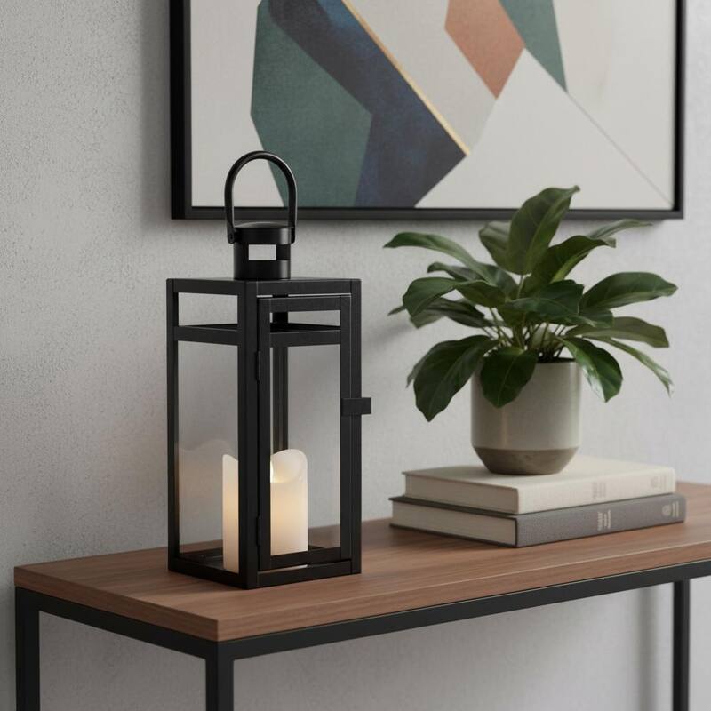 12" Clear And Black Glass And Metal Tabletop Lantern Candle Holder - Clear/Black