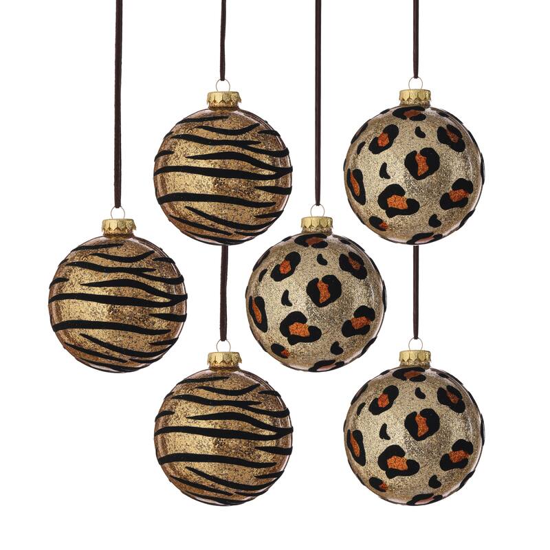 4" Glass Animal Print Metallic Ornament Set of 6