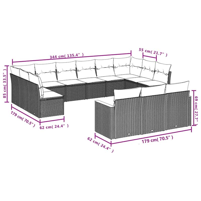 vidaXL Patio Sofa Set with Cushions Outdoor Conversation Furniture Poly Rattan - 24.4 x 24.4 x 27.2 in