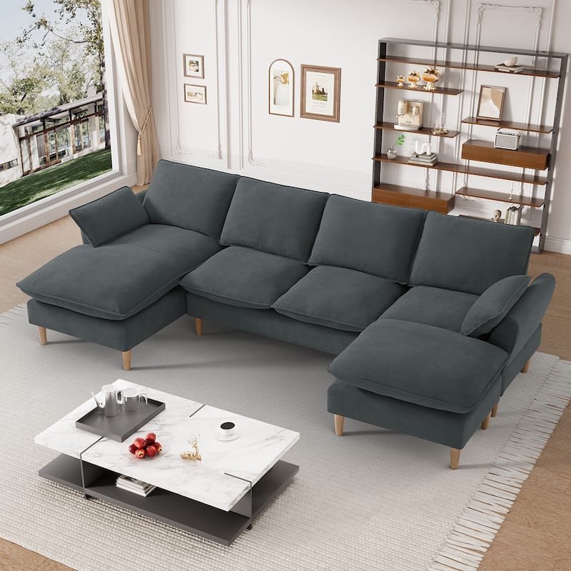 Modern U-Shaped Sectional Sofa Couch with Ottoman Chaise for Living Room - Grey