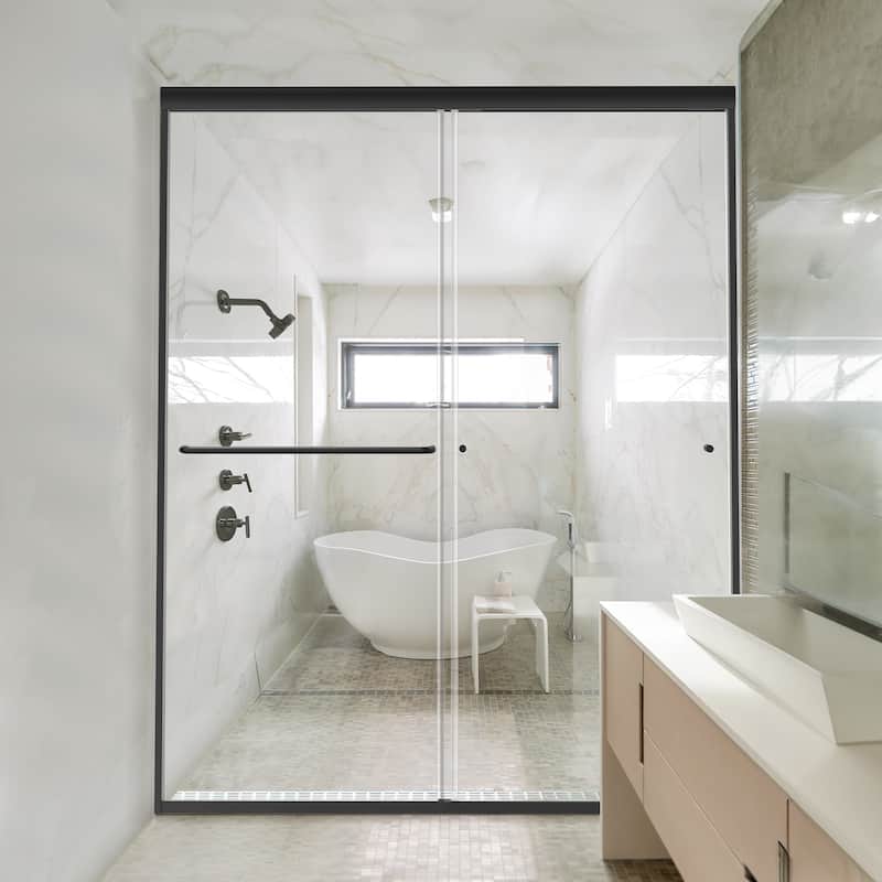 Matte Black Semi-Frameless Double-sliding Shower Door with Clear Glass - 60 in.Wx72 in.H - Black