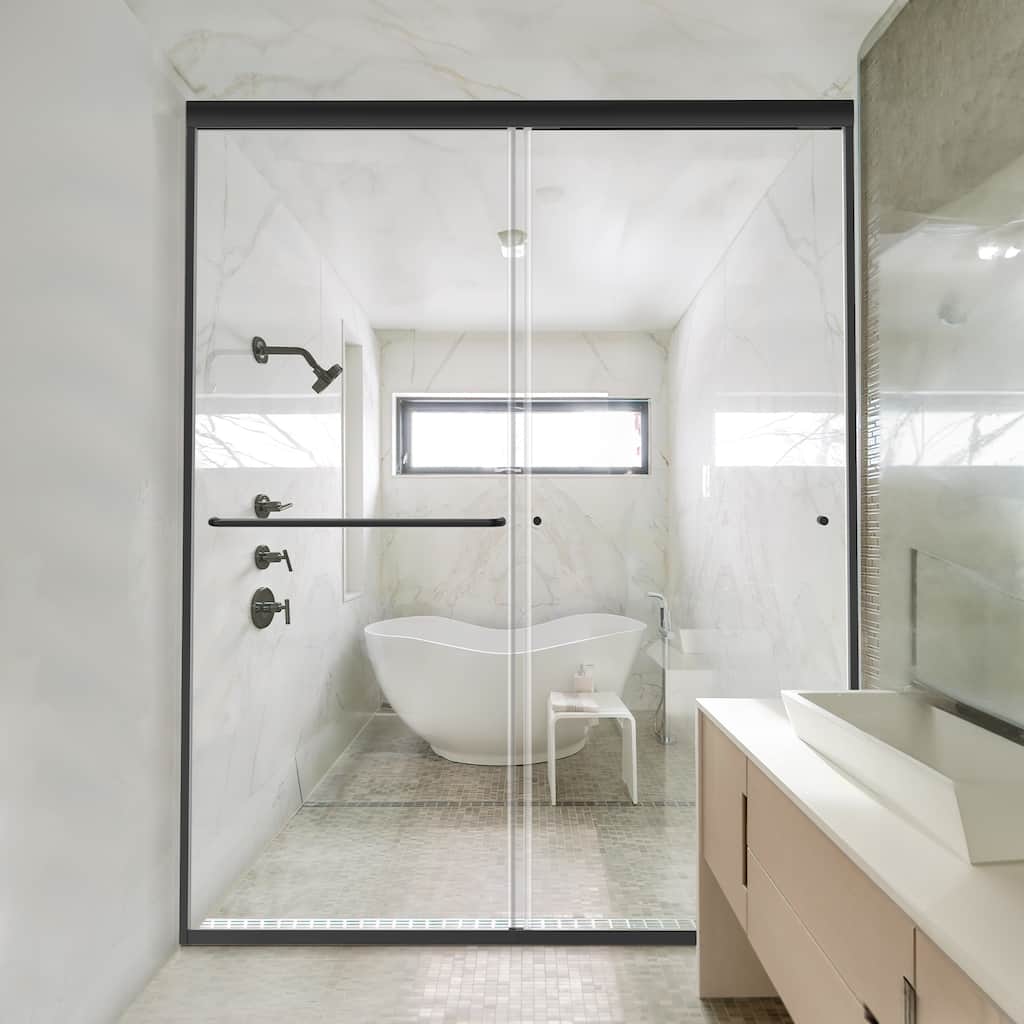 Matte Black Semi-Frameless Double-sliding Shower Door with Clear Glass - 60 in.Wx72 in.H