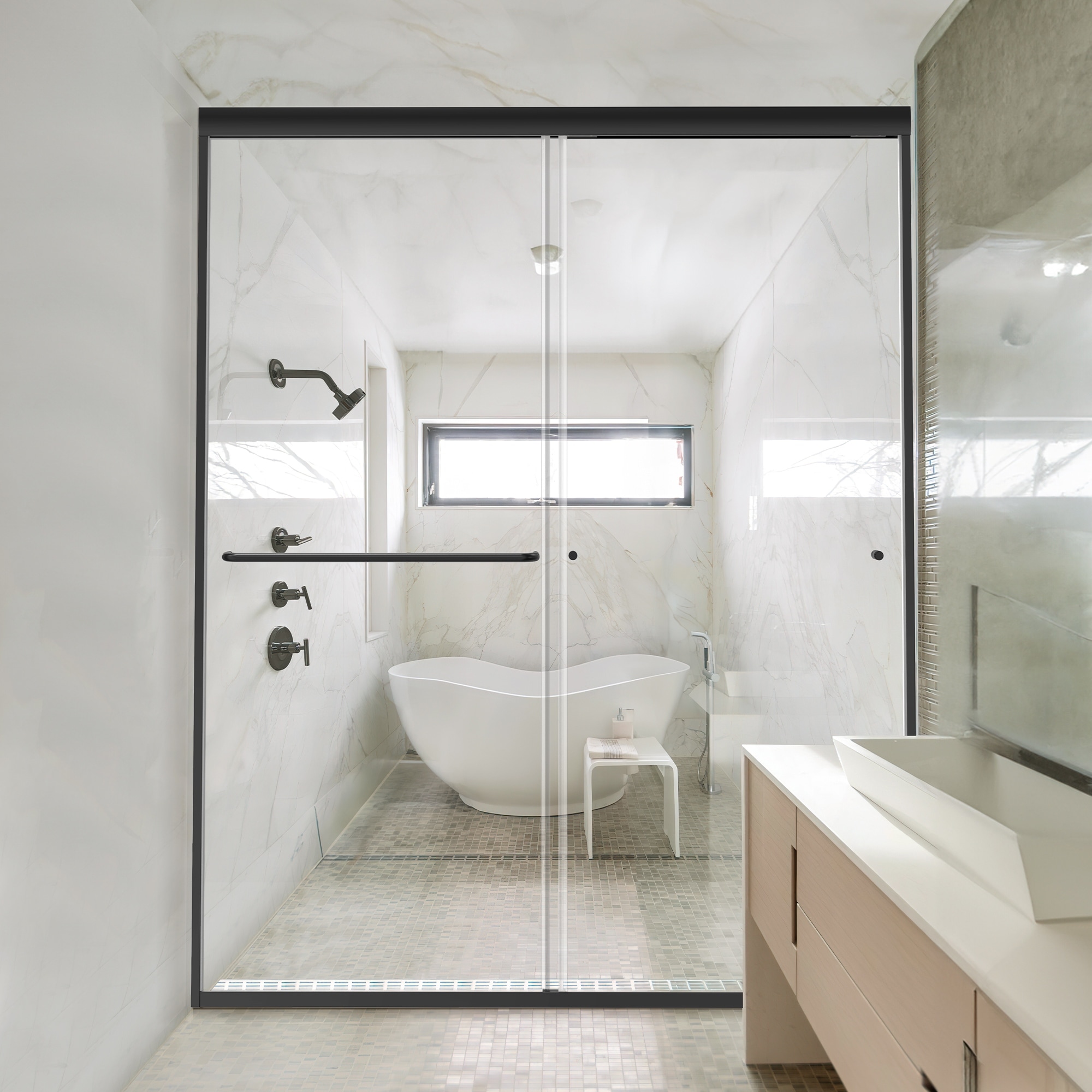 Matte Black Semi-Frameless Double-sliding Shower Door with Clear Glass - 60 in.Wx72 in.H