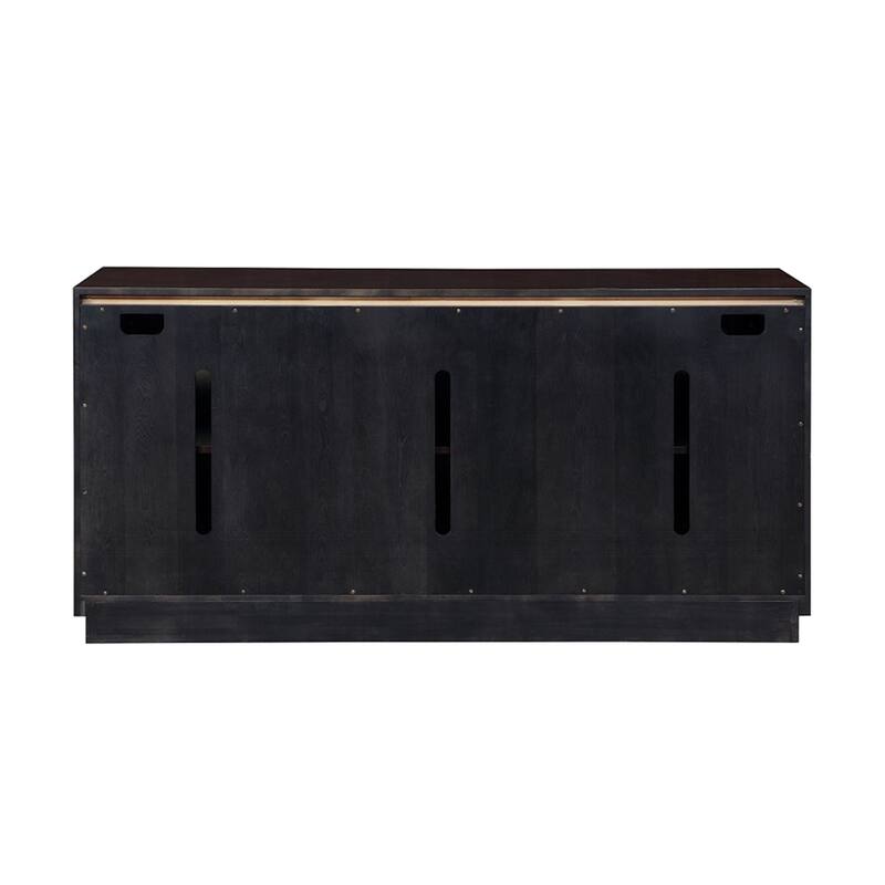 Wooden Console Cabinet with 3 Handle-Free Doors in Metallic Silver and Walnut