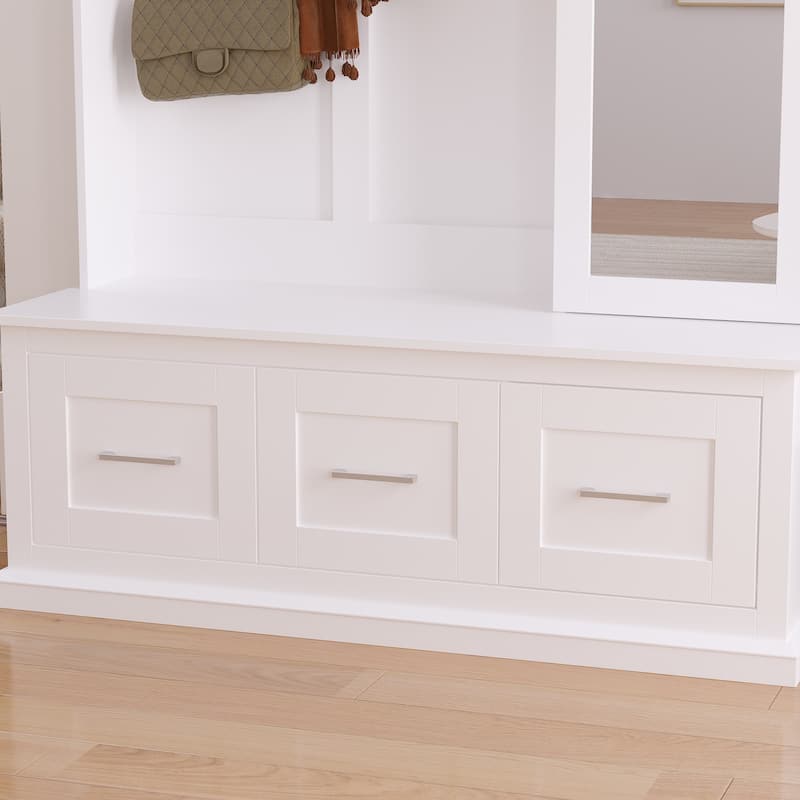 Modern White Hall Tree Entryway Storage Cabinet with Mirror and Drawers Entryway Bench - 47.2"X73.6"