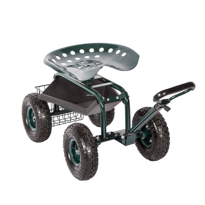 Kinbor Garden Cart Seat with Wheels, Rolling Garden Scooter with 360°Swivel Seat Extendable Steer Handle & Storage Basket - Green