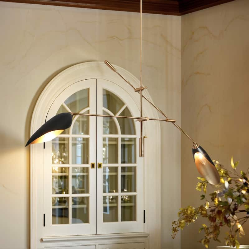 2-Light Unique Modern Linear Black Gold Chandelier Metal Island Lights for Dining Room - L 58" x W 4.4" x H 14"