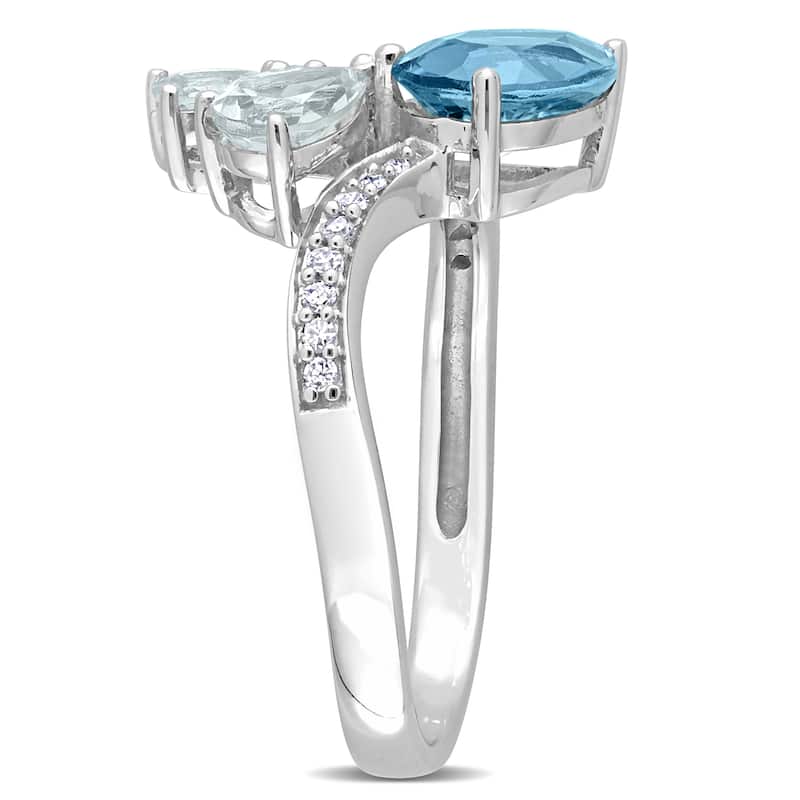 Miadora 1 7/8ct TGW Pear-Shape London Blue Topaz and Aquamarine and 1/10ct TDW Diamond Toi et Moi Ring in 14k White Gold