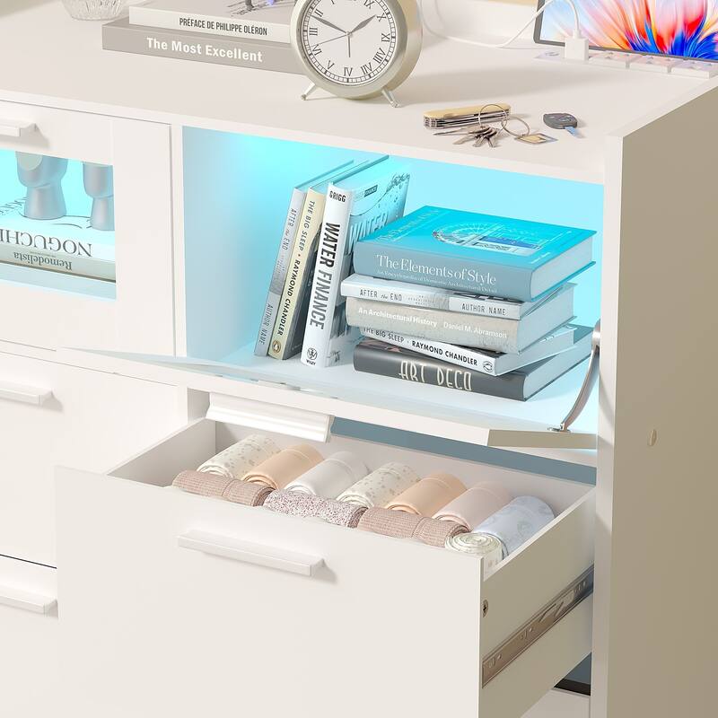 VECELO Bedroom Dresser with Adjustable LED Lights & Power Outlet Chest of 6 Drawers with Raised Edge and Large Storage Capacity