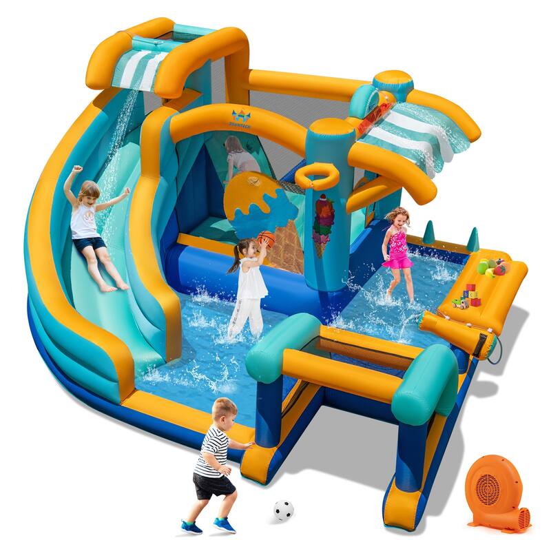 Inflatable Ice Cream Bounce House with Slide Climbing Wall and Water Pool and 750W Blower - 149” x 144” x 80”