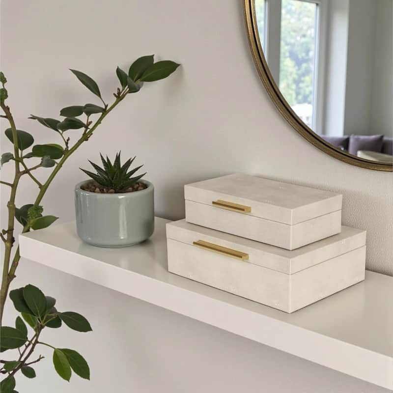 Handcrafted Wooden Rectangular Boxes - 10" - Beige - Set of 2