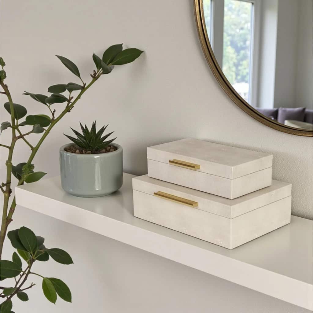 Handcrafted Wooden Rectangular Boxes - 10" - Beige - Set of 2