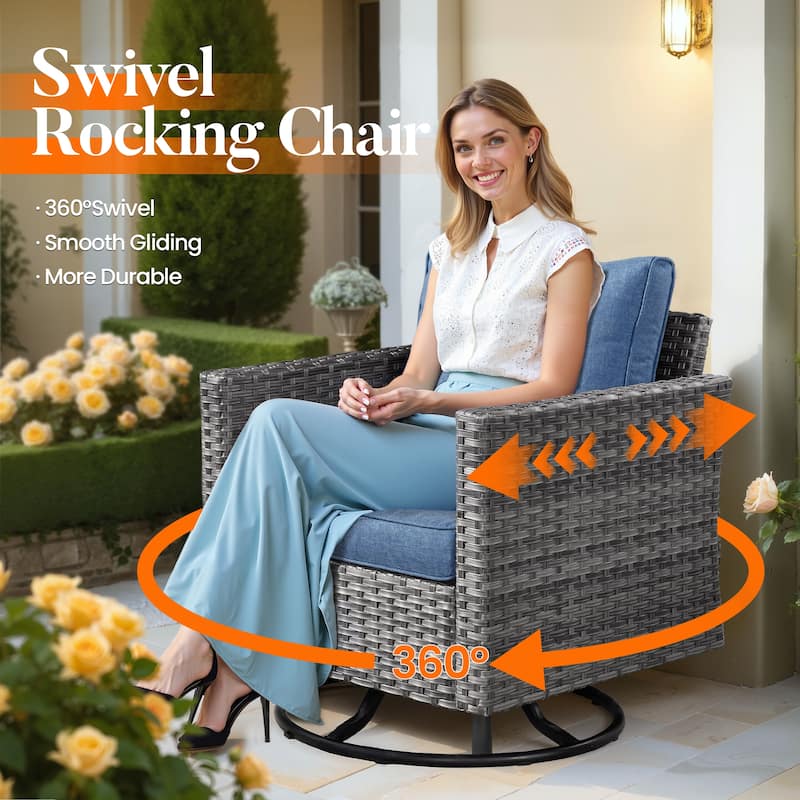 HOOOWOOO 9-piece Grey Wicker Patio Outdoor Sectional Set with Swivel Rocking Chair