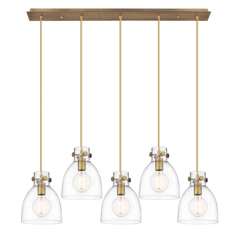 Innovations Lighting Newton Bell - 5 Light 8" Cord Hung Linear Pendant - Clear/Brushed Brass
