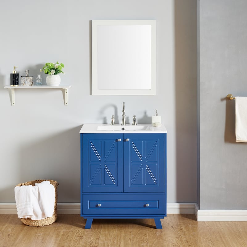30 in. W Freestanding Bath Vanity with White Ceramic Sink, Storage Rack and One Drawer