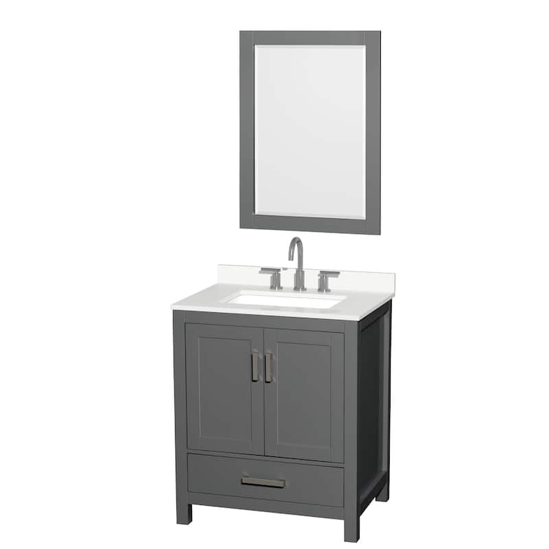 Sheffield 30-inch Single Vanity, 3 Hole Quartz Top, 24-inch Mirror - Dark Gray, Chrome Trim, White Quartz Top