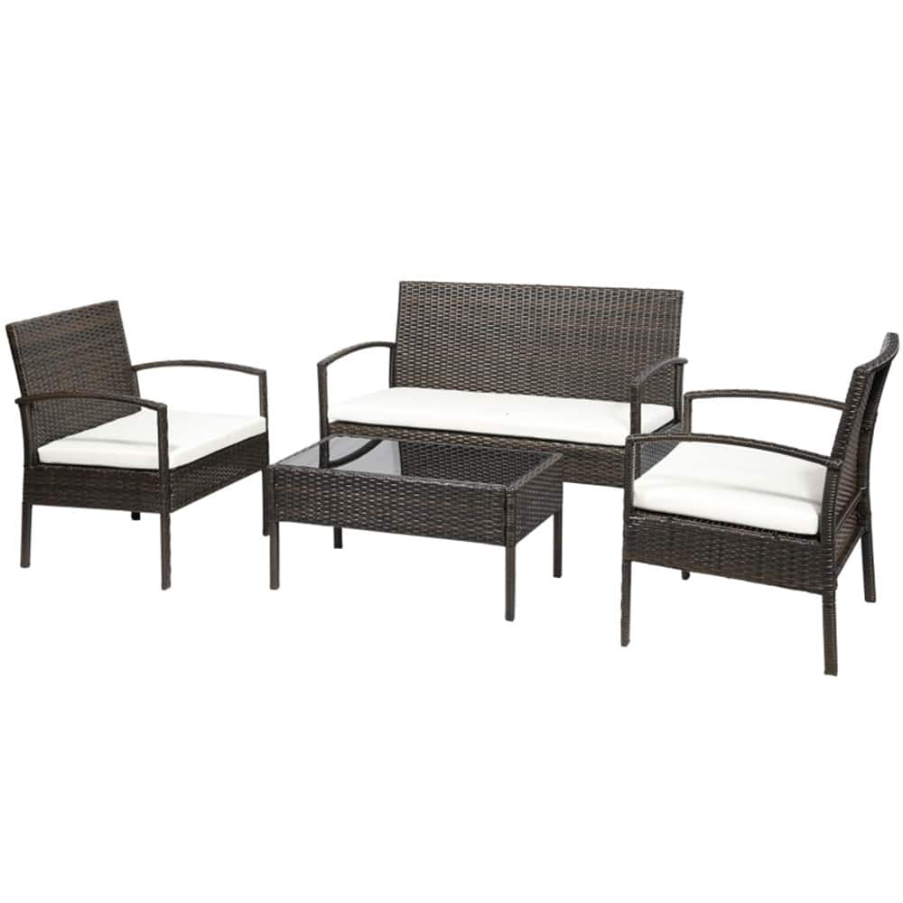 4-Piece Outdoor Patio Furniture Set PE Rattan Sofa Chairs and Tempered Glass Table with Cushions for Garden Balcony Porch