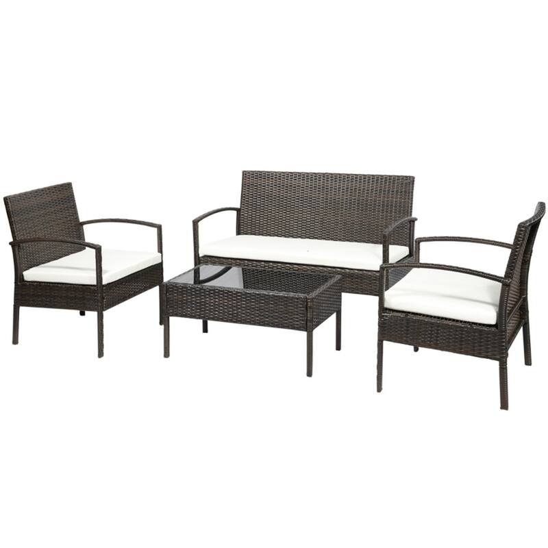 4-Piece Outdoor Patio Furniture Set PE Rattan Sofa Chairs and Tempered Glass Table with Cushions for Garden Balcony Porch - Brown