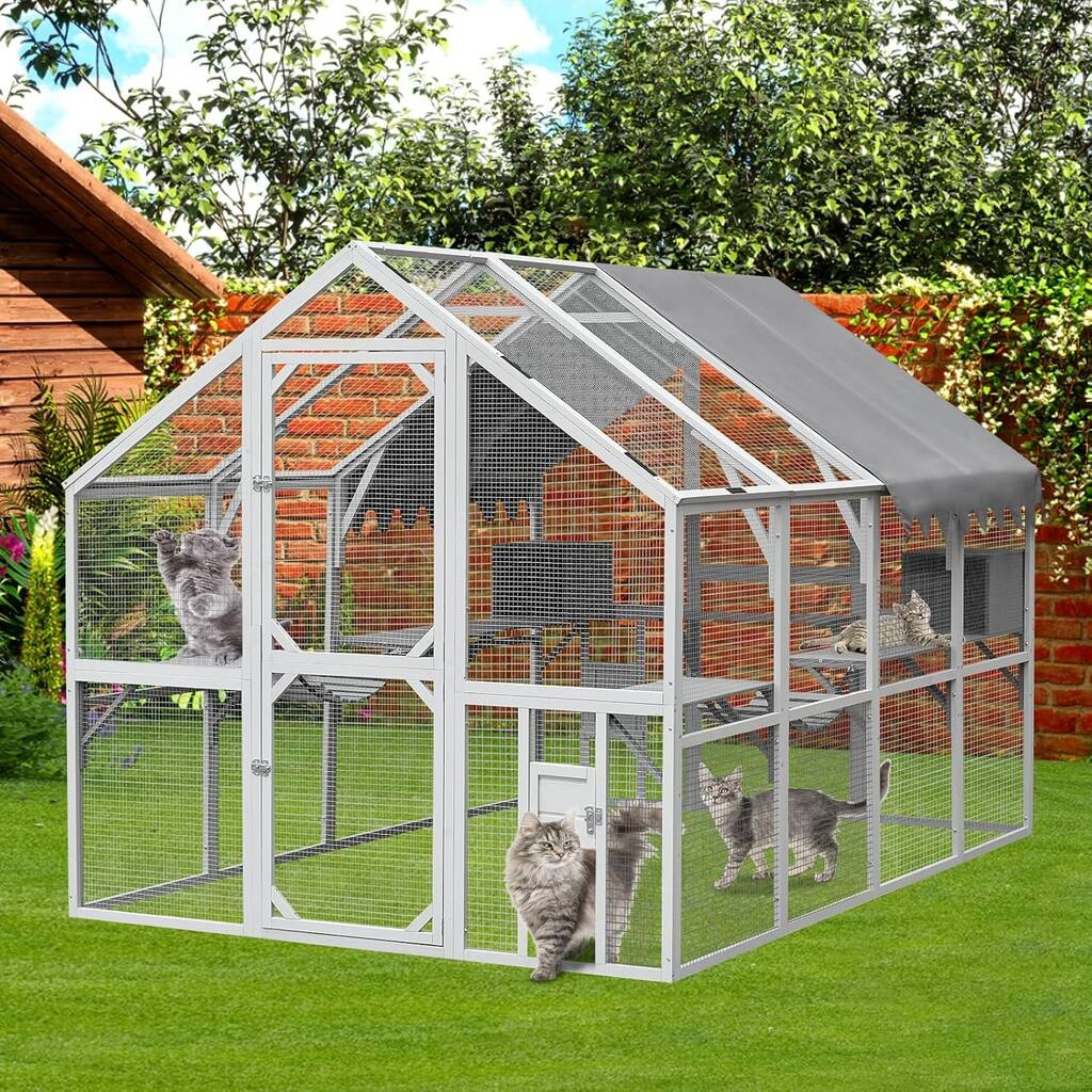 Large Outdoor Cat House Enclosure, 111.5 x 74.25 inches, Waterproof Cover, 2 Houses, 7 Platforms, Gray and White