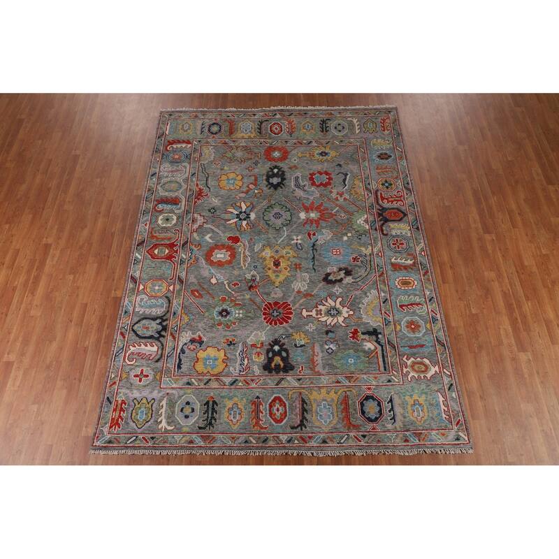 Transitional Gray Oushak Oriental Area Rug Hand-Knotted Wool Carpet - 7'9"x 10'4"