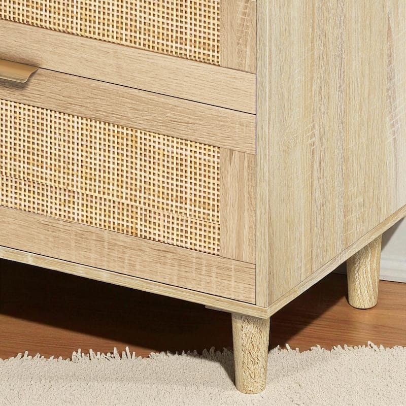 Rattan Dresser with 6 Drawers, Wide Chest of Drawers Storage Cabinet with Metal Handles and Wood Legs for Bedroom and Hallway