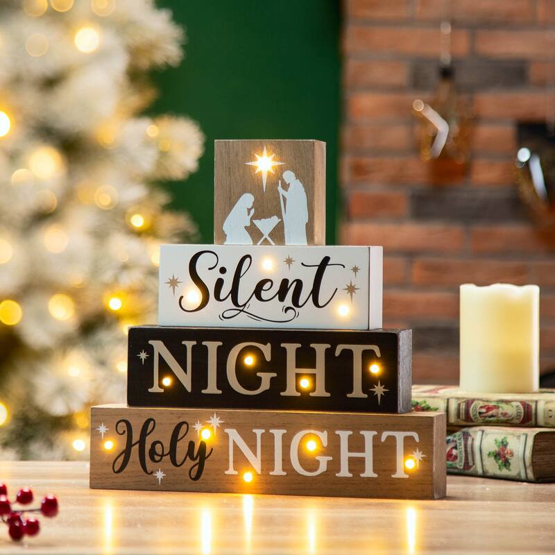 Glitzhome 12"H Lighted Wooden Nativity Block Word Sign