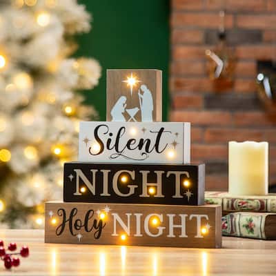 Glitzhome 12"H Lighted Wooden Nativity Block Word Sign