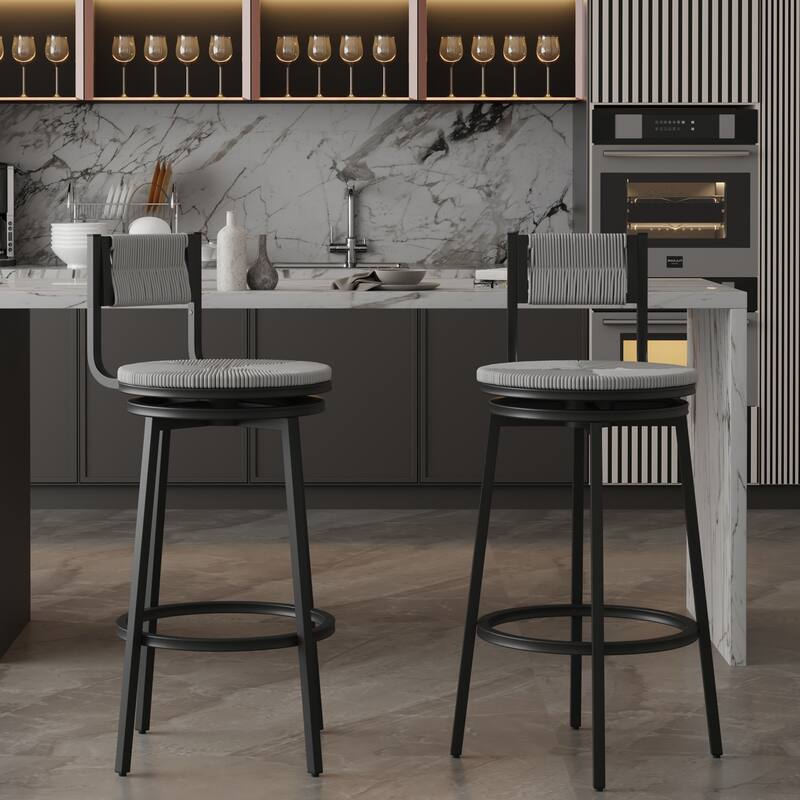 Modern Bar Stools Swivel Counter Chairs with Metal Frame Set of 2 Hand Woven Paper Rope Dining Barstools for Kitchen Counter