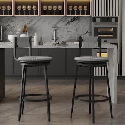 Set of 2 Counter Height Bar Stools with Footrest Swivel Hand Weaving Dining Chairs Farmhouse Armless Kitchen Barstools (Gray)