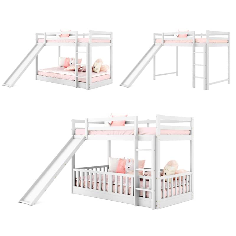 Twin Over Twin Pine Bunk Bed with Slide and Guardrail