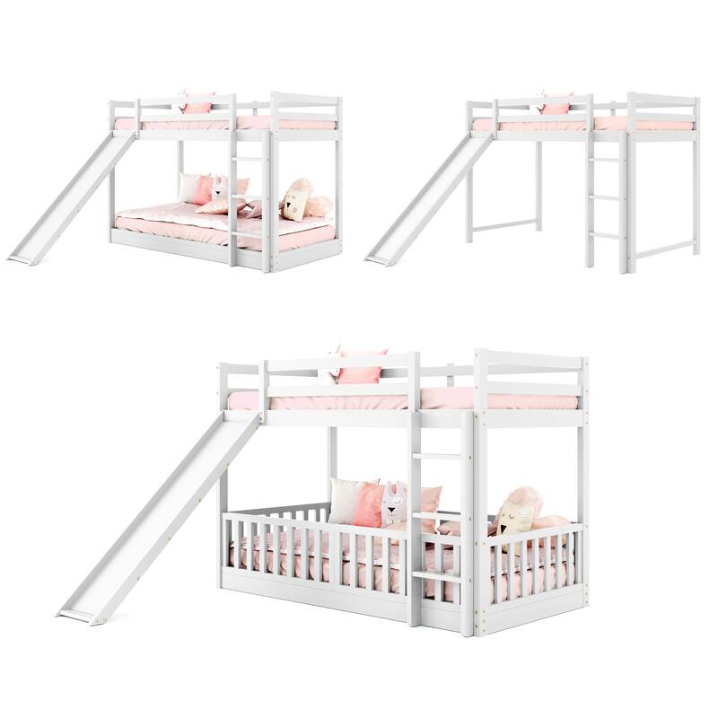 White Twin Over Twin Bunk Bed with Slide and Ladder, Space-Saving Design