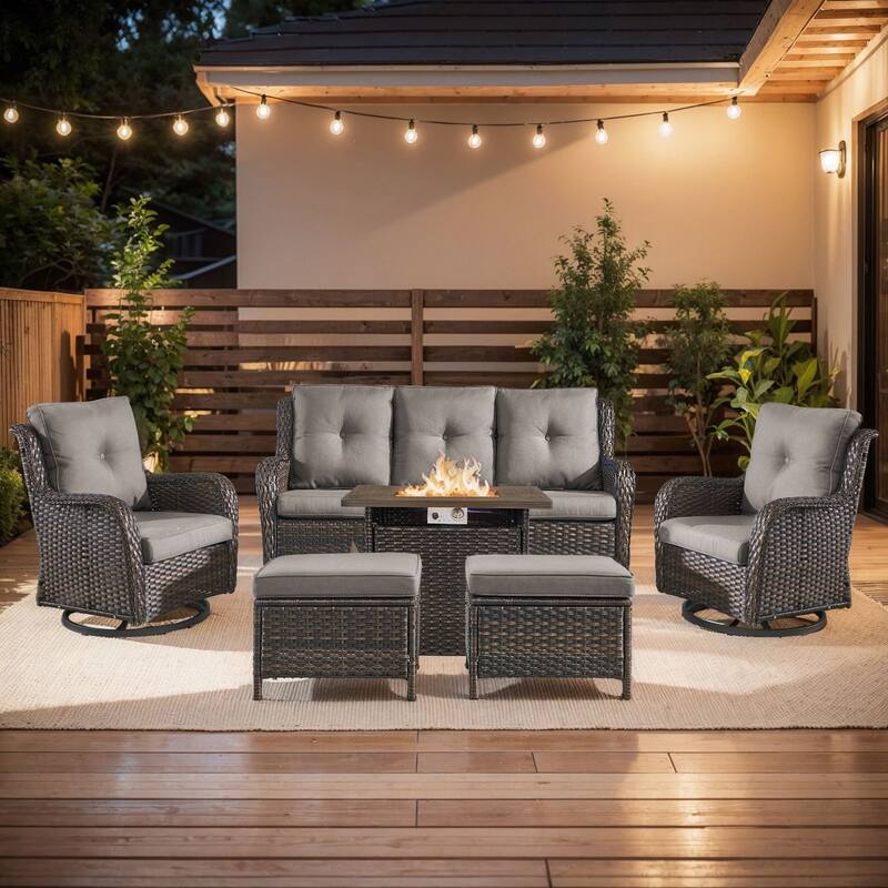 Pocassy Fire Pit Table with 3-Seat Sofa and 2 Swivel Chairs Ottomans - Brown - Grey