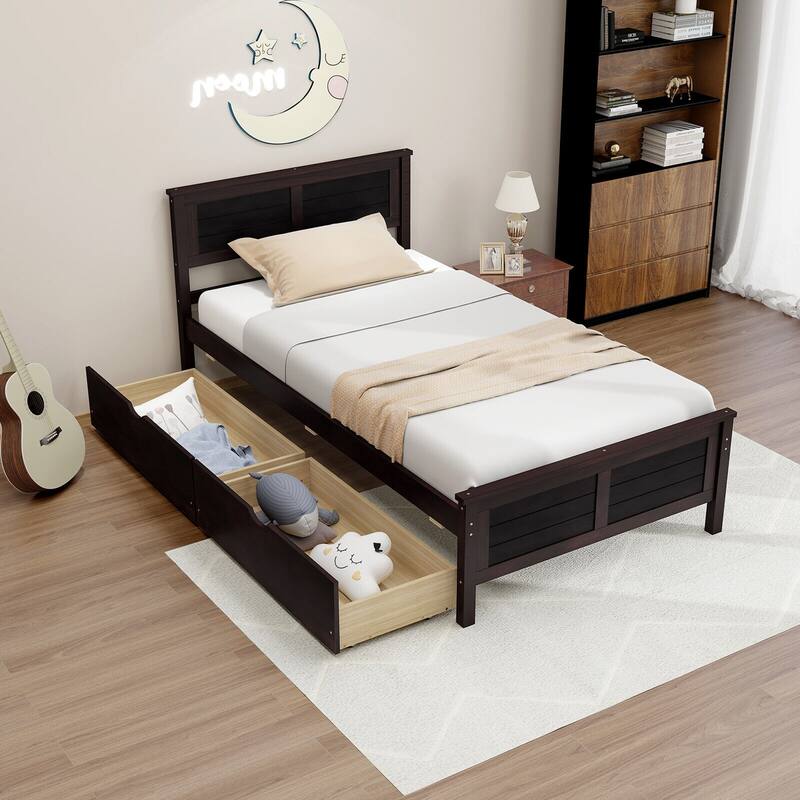 Gymax Twin Size Wooden Bed Frame with 2 Storage Drawers & Under-bed - Brown - Twin