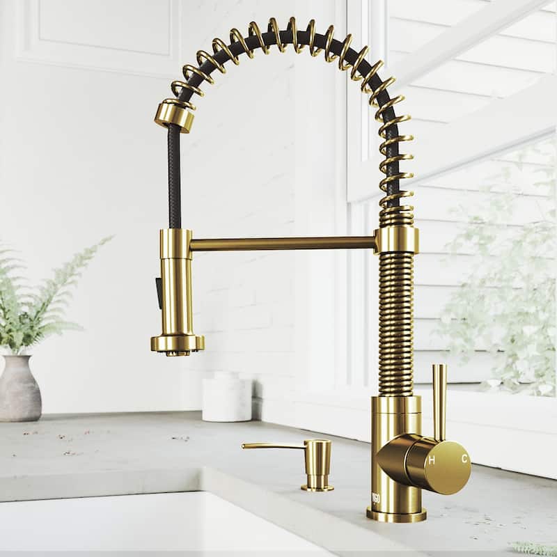VIGO Edison 19" H Single Handle Pull-Down Sprayer Kitchen Faucet - With Soap Dispenser - Matte Brushed Gold