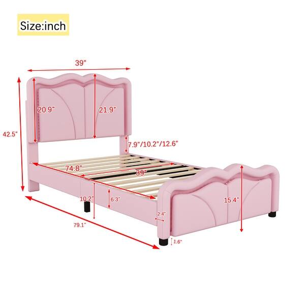 dimension image slide 1 of 2, Twin Size Led Upholstered Bed, Platform Bed with Curve Shaped and Height-adjustbale Headboard