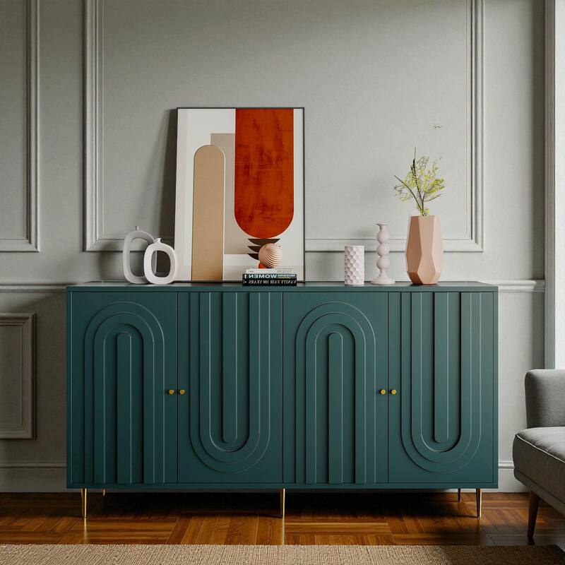 Modern 4-Door Lacquered Sideboard Buffet Cabinet with Gold Legs, Adjustable Shelves for Living Room or Dining Room