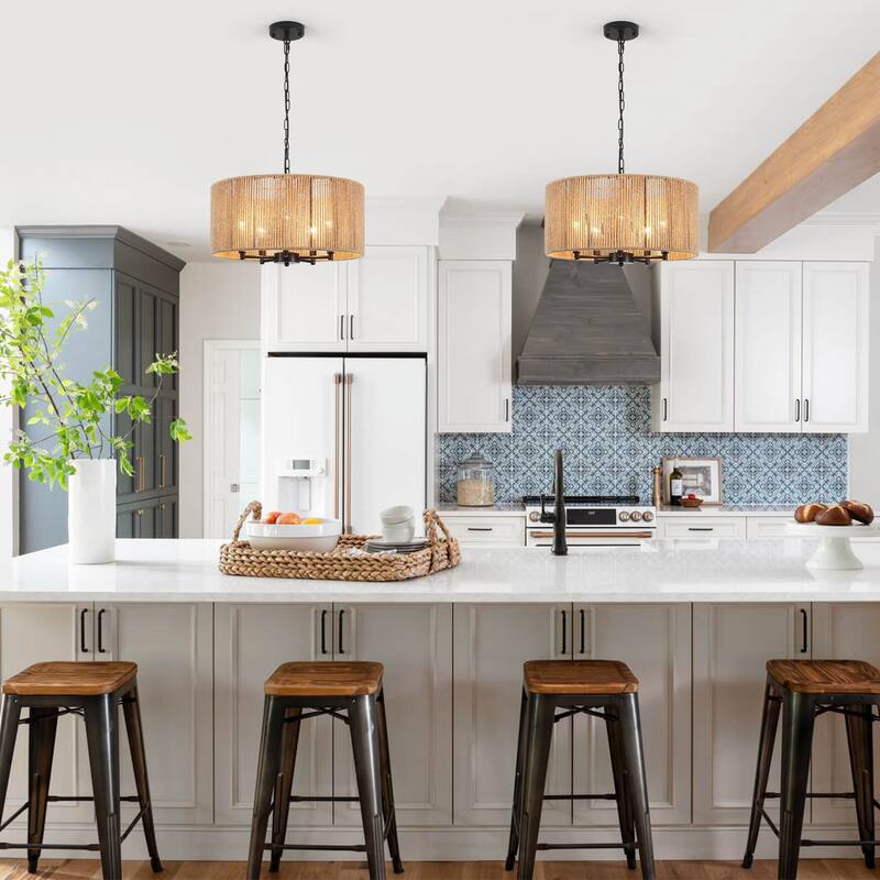 5-Light W19.25" x H68.89" Rattan Chandelier for Dining Room Kitchen