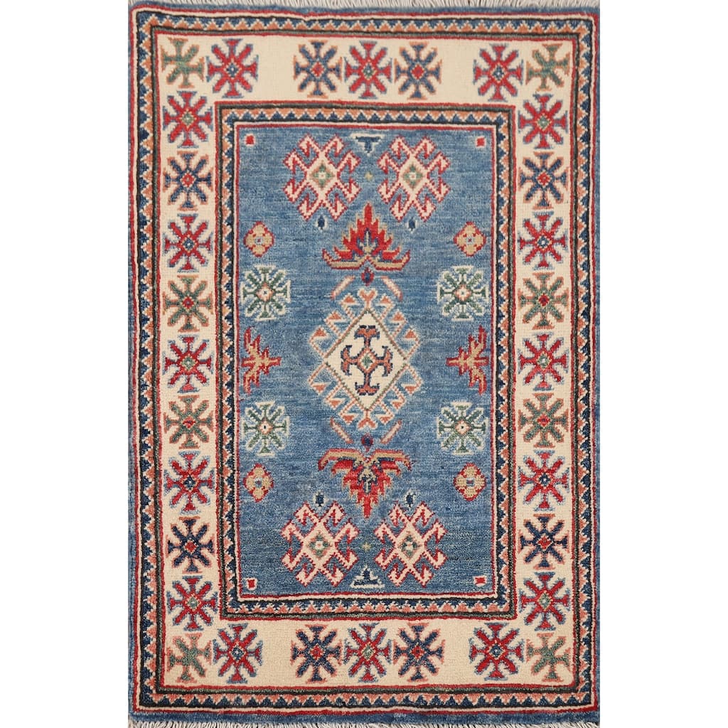 Blue Geometric Kazak Accent Rug Handmade Wool Carpet - 2'0" x 3'1"