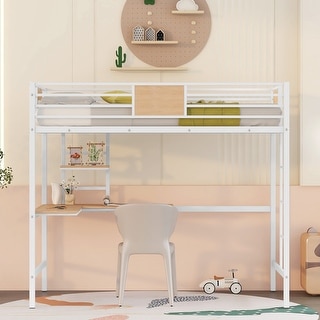 Metal Loft Bed Twin Size with Desk and Shelf, Metal Twin Bedframe