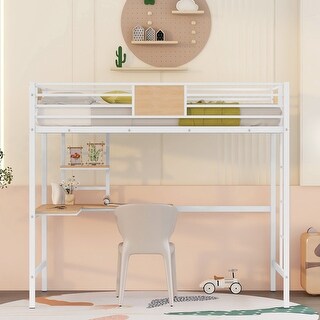 Multiple Functions Design Loft Bed with Guardrail, one Shelf and Built-in Desk, Twin Size, White