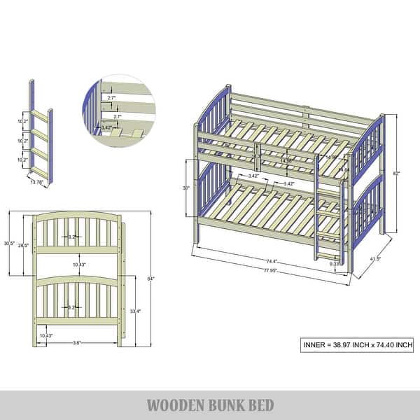 dimension image slide 1 of 2, CraftPorch Mid-Century Twin Over Twin Bunk Bed