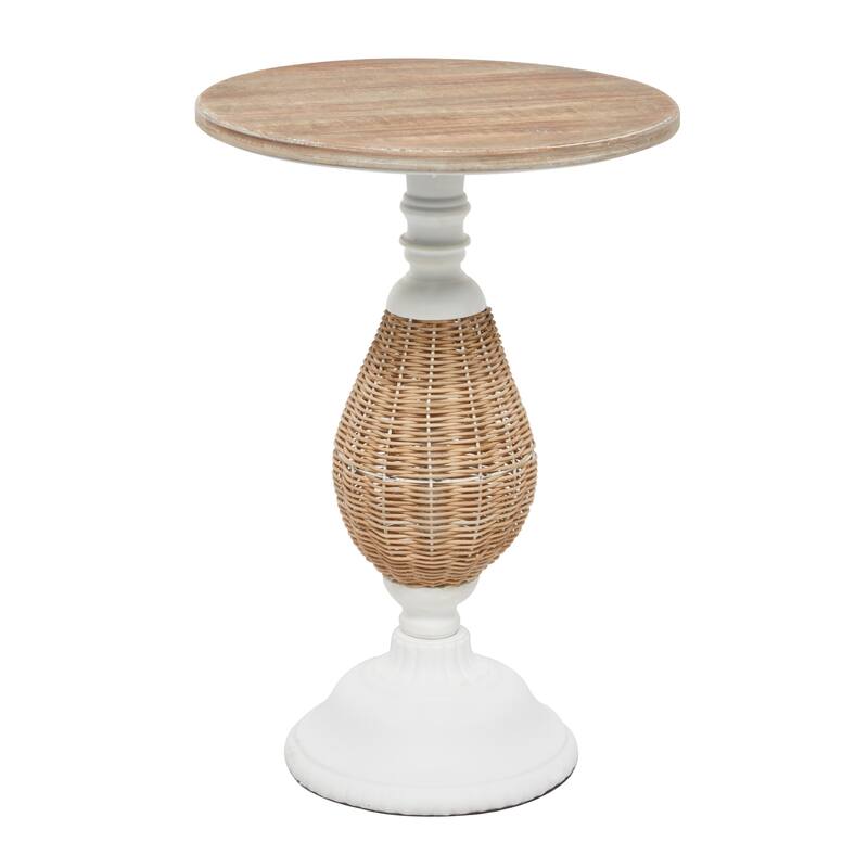 Brown or White Wood Farmhouse Accent Table with Black Metal and Rattan Base - 15"L x 15"W x 22"H