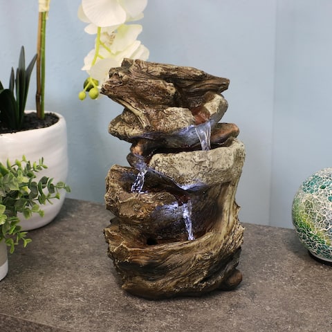 Sunnydaze Tiered Rock and Log Tabletop Fountain with LED Lights - 10.5-Inch
